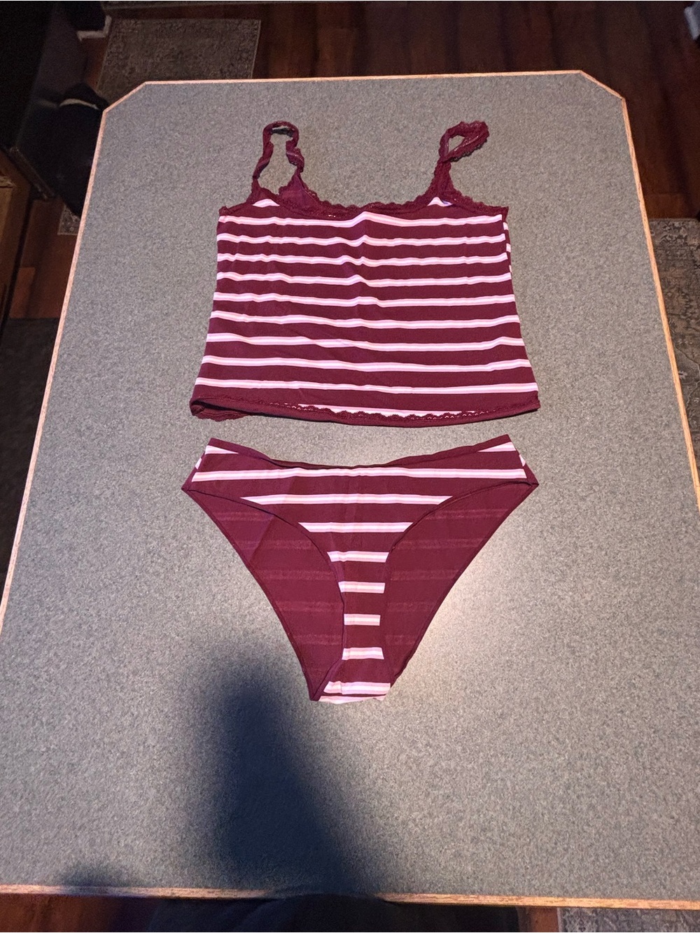 Savage X Fenty Burgundy and Light Pink Striped Cami & Bikini Set